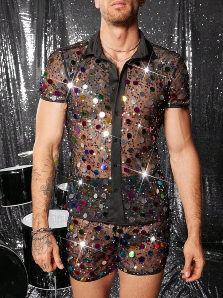 NIGHT-RIDER Semi-Sheer Sexy Collared Short Sleeve Sequin fabric Shirt & Short Set For Men